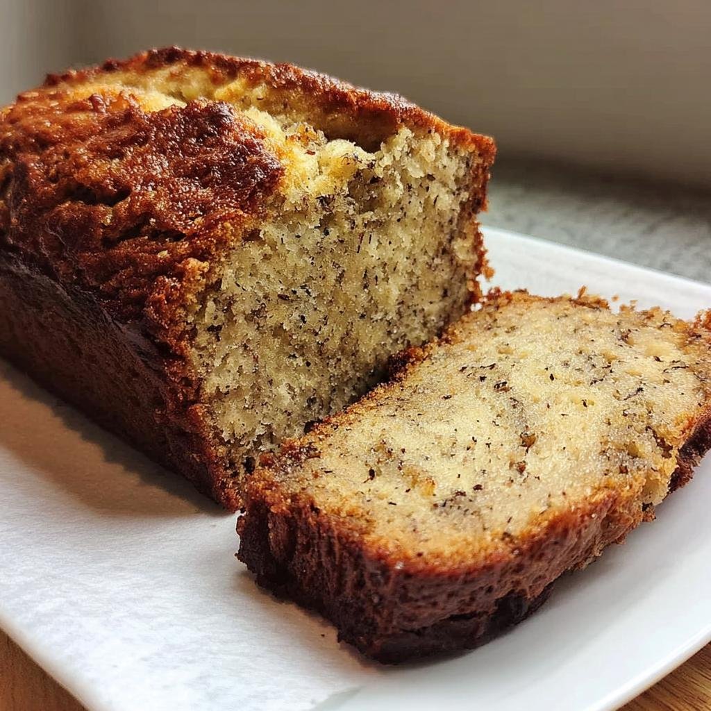 A slice of moist and delicious classic banana bread on a white plate, showing the texture and banana flecks.