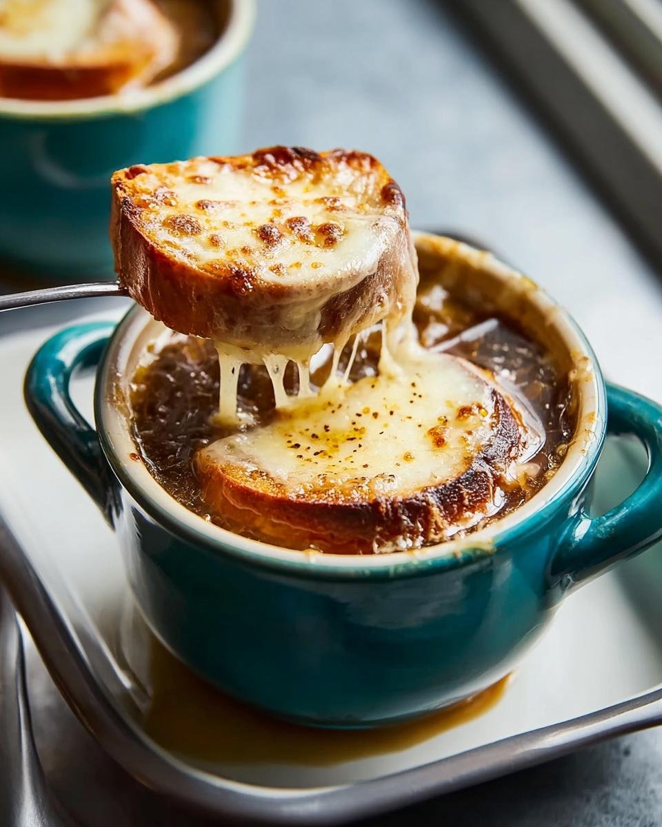 A spoonful of melted, browned cheese and crouton being lifted from a bowl of Classic French Onion Soup Easy Method.