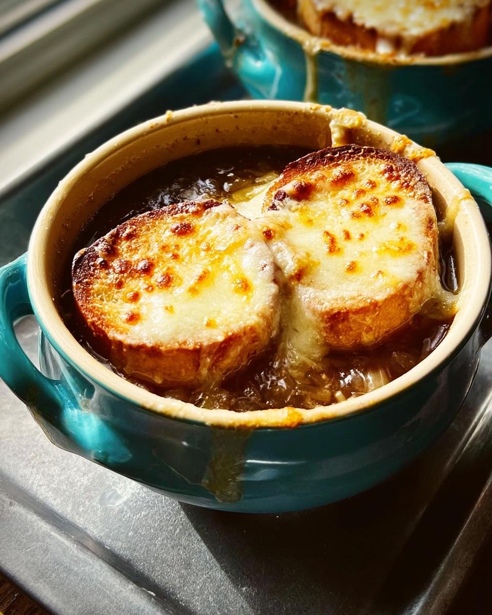 Close-up of Classic French Onion Soup Easy Method with melted, browned cheese over croutons in a blue crock.