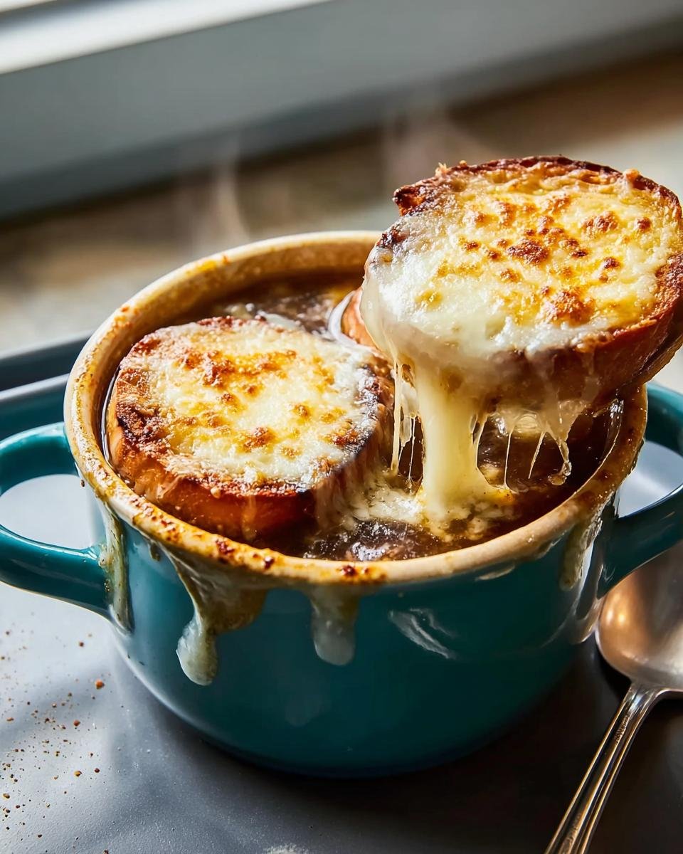A close-up of Classic French Onion Soup Easy Method with a cheesy crouton being lifted, showing dramatic cheese pull.