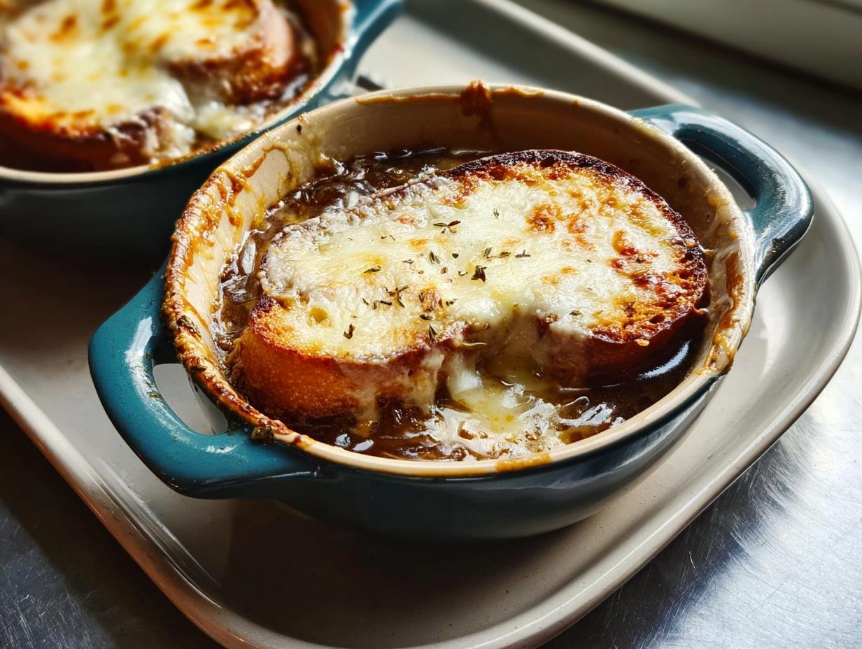 Close-up of Classic French Onion Soup Easy Method, topped with a cheesy crouton.