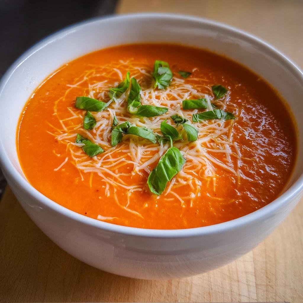 A close-up of a bowl of rich, orange Cozy Tomato Basil Soup topped with shredded cheese and fresh basil leaves.