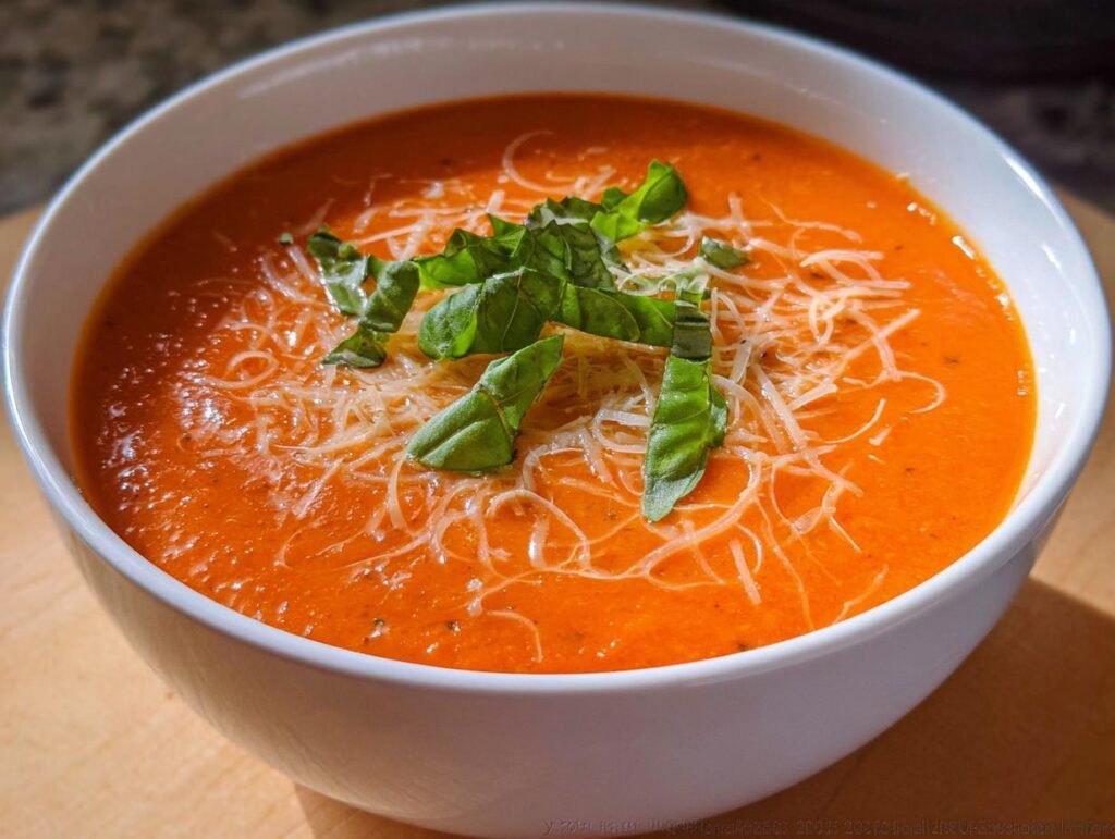 A close-up of a bowl of vibrant Cozy Tomato Basil Soup topped with shredded Parmesan cheese and fresh basil leaves.