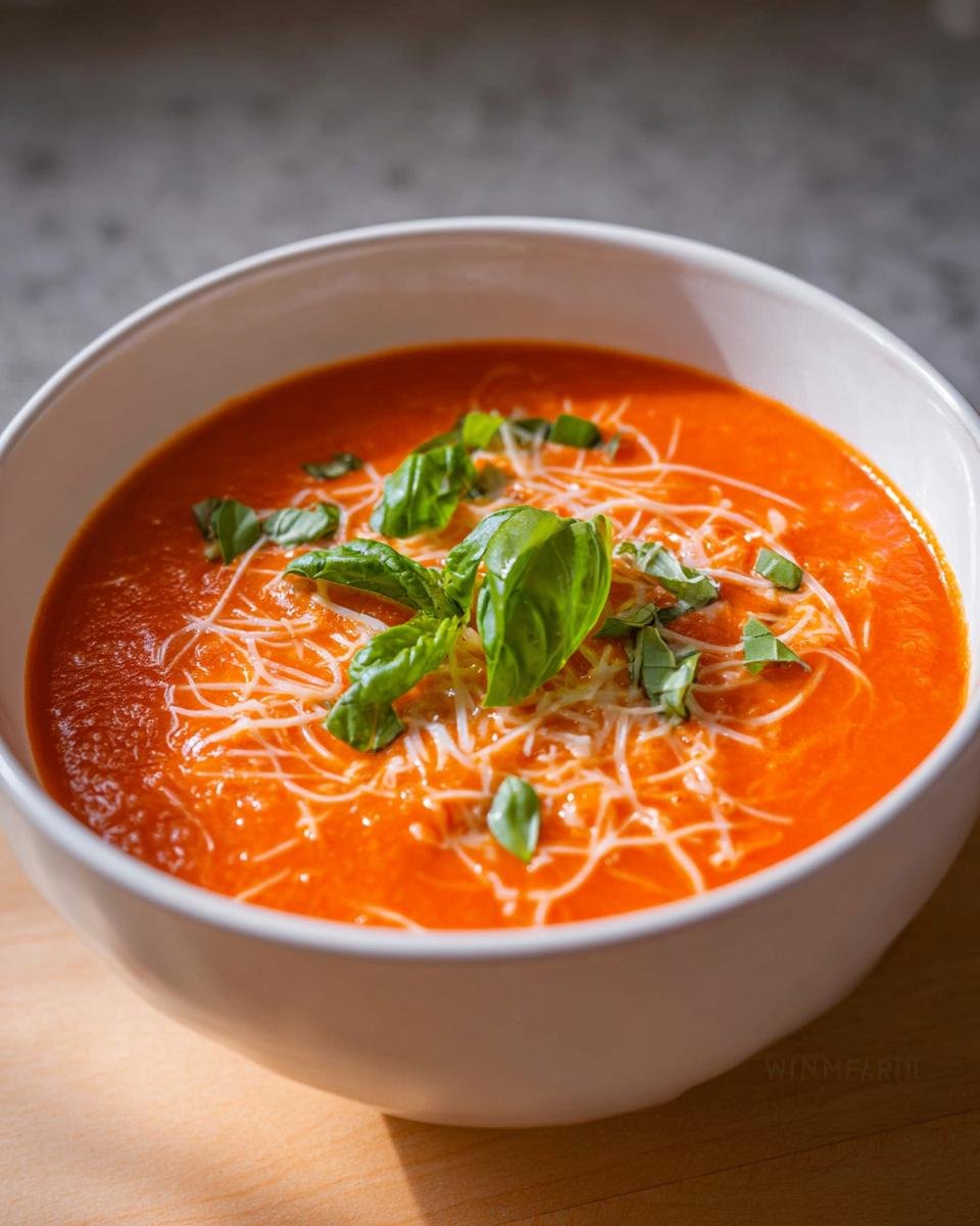 A close-up of a bowl of vibrant Cozy Tomato Basil Soup topped with shredded cheese and fresh basil leaves.