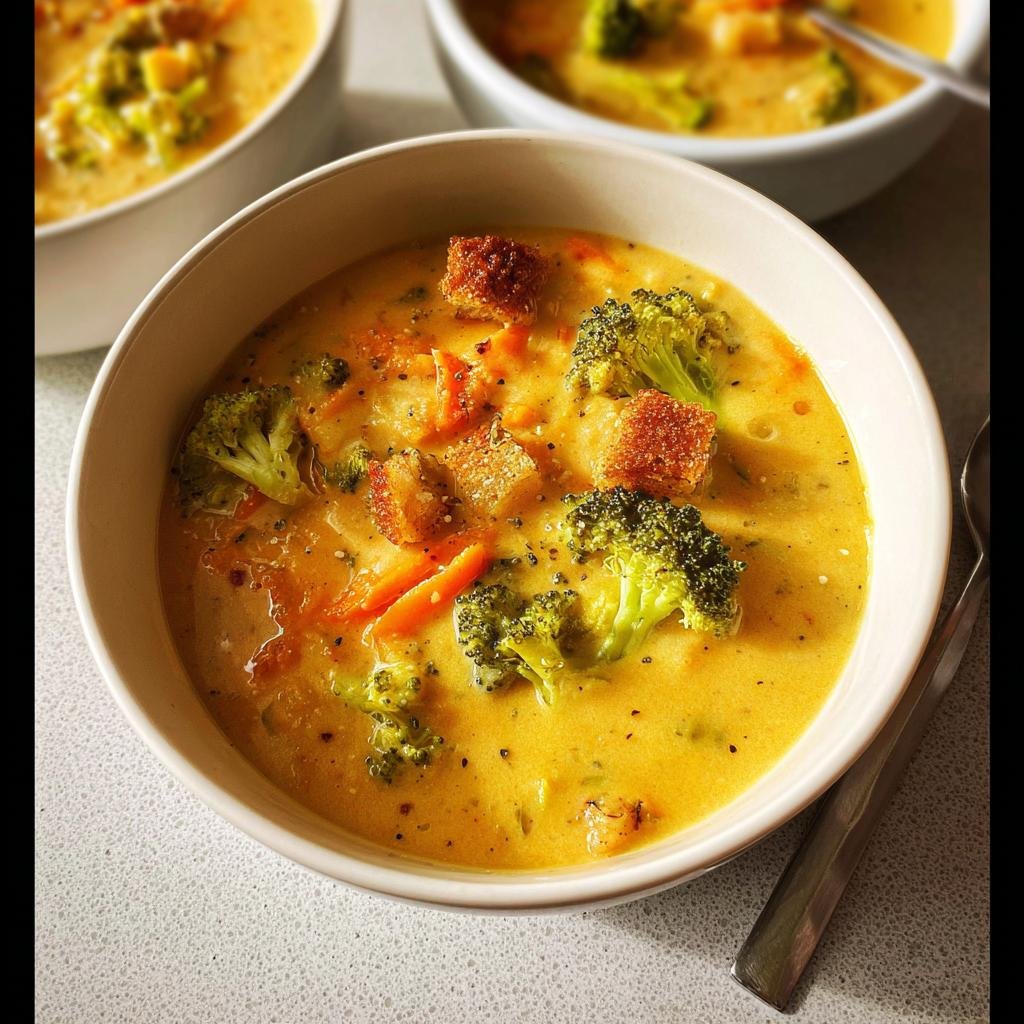 Close-up of a bowl of rich, yellow Creamy Broccoli Cheddar Soup topped with fresh broccoli florets, carrots, and croutons.