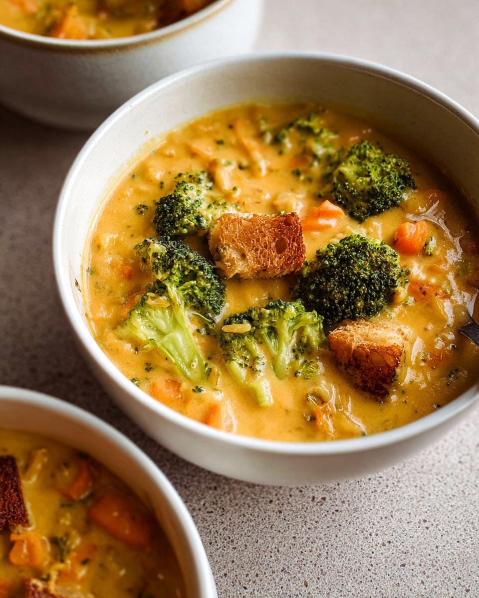 Close-up of a bowl of rich, orange Creamy Broccoli Cheddar Soup topped with fresh broccoli florets and golden croutons.