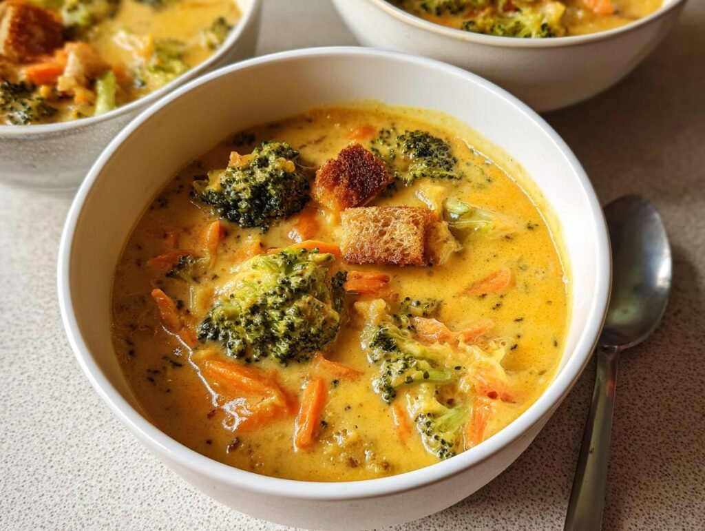 A close-up of a white bowl filled with rich, yellow Creamy Broccoli Cheddar Soup, featuring chunks of broccoli, carrots, and croutons.