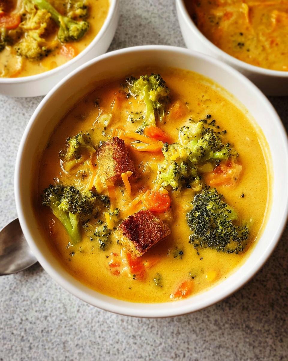 A close-up view of a bowl filled with rich, yellow Creamy Broccoli Cheddar Soup, topped with broccoli florets and croutons.
