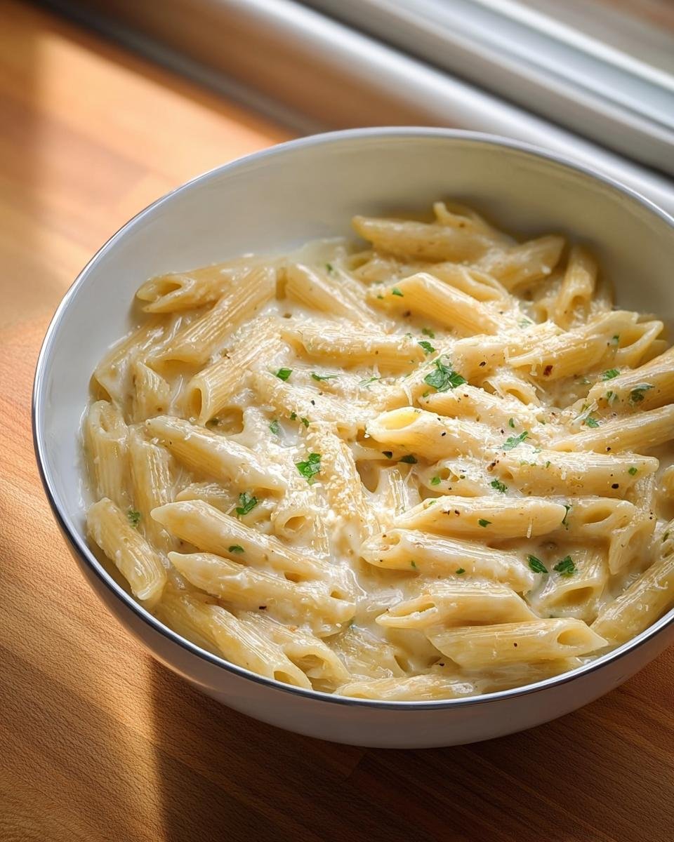 A close-up of a white bowl filled with Creamy Garlic Parmesan Penne Twenty Minutes, topped with grated cheese and parsley.
