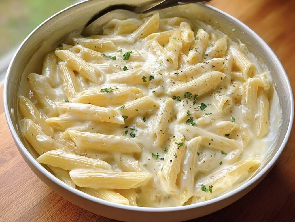 A close-up of a bowl filled with rich, creamy Garlic Parmesan Penne pasta, garnished with parsley.