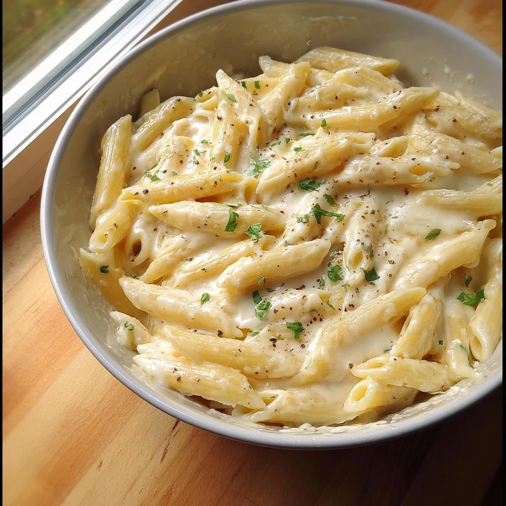 Close-up of a bowl filled with rich Creamy Garlic Parmesan Penne pasta, garnished with black pepper and parsley.