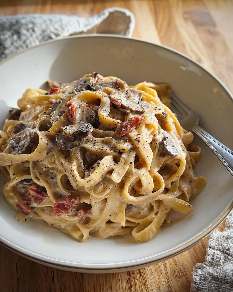 A close-up bowl of rich Creamy Mushroom Fettuccine Date Night pasta topped with cracked black pepper.