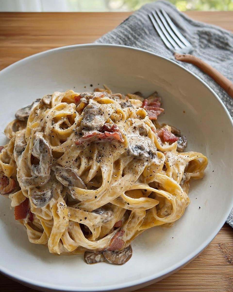 A close-up of rich Creamy Mushroom Fettuccine Date Night pasta in a white bowl, topped with black pepper.
