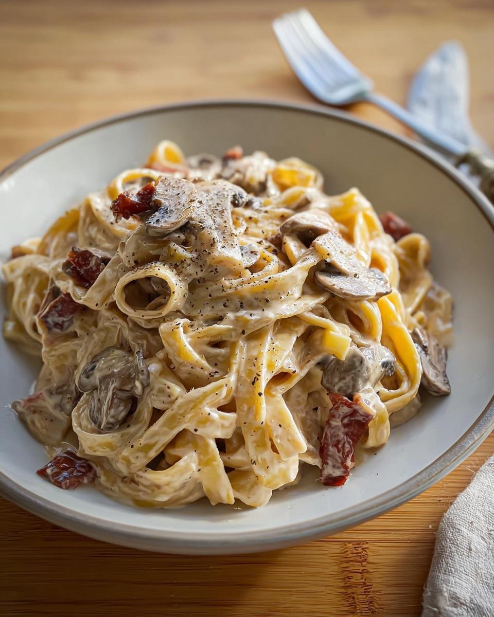 A close-up of a bowl filled with rich Creamy Mushroom Fettuccine, topped with sliced mushrooms and black pepper.
