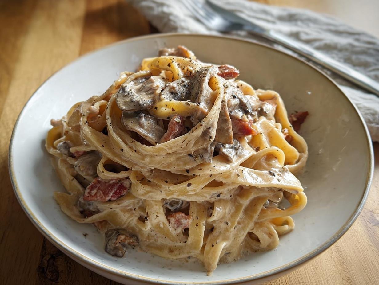 A close-up of a bowl filled with rich Creamy Mushroom Fettuccine Date Night pasta, topped with cracked black pepper.