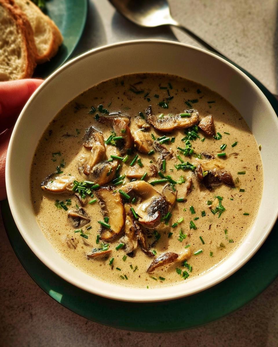 A close-up of a bowl of rich Creamy Mushroom Soup No Canned Soup, topped with sautéed mushrooms and fresh chives.