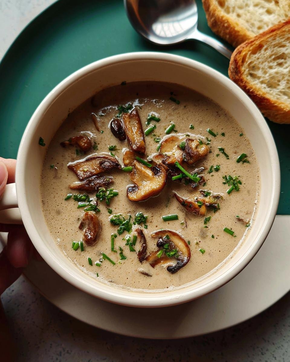 Close-up of a bowl of Creamy Mushroom Soup No Canned Soup topped with sautéed mushrooms and chives.