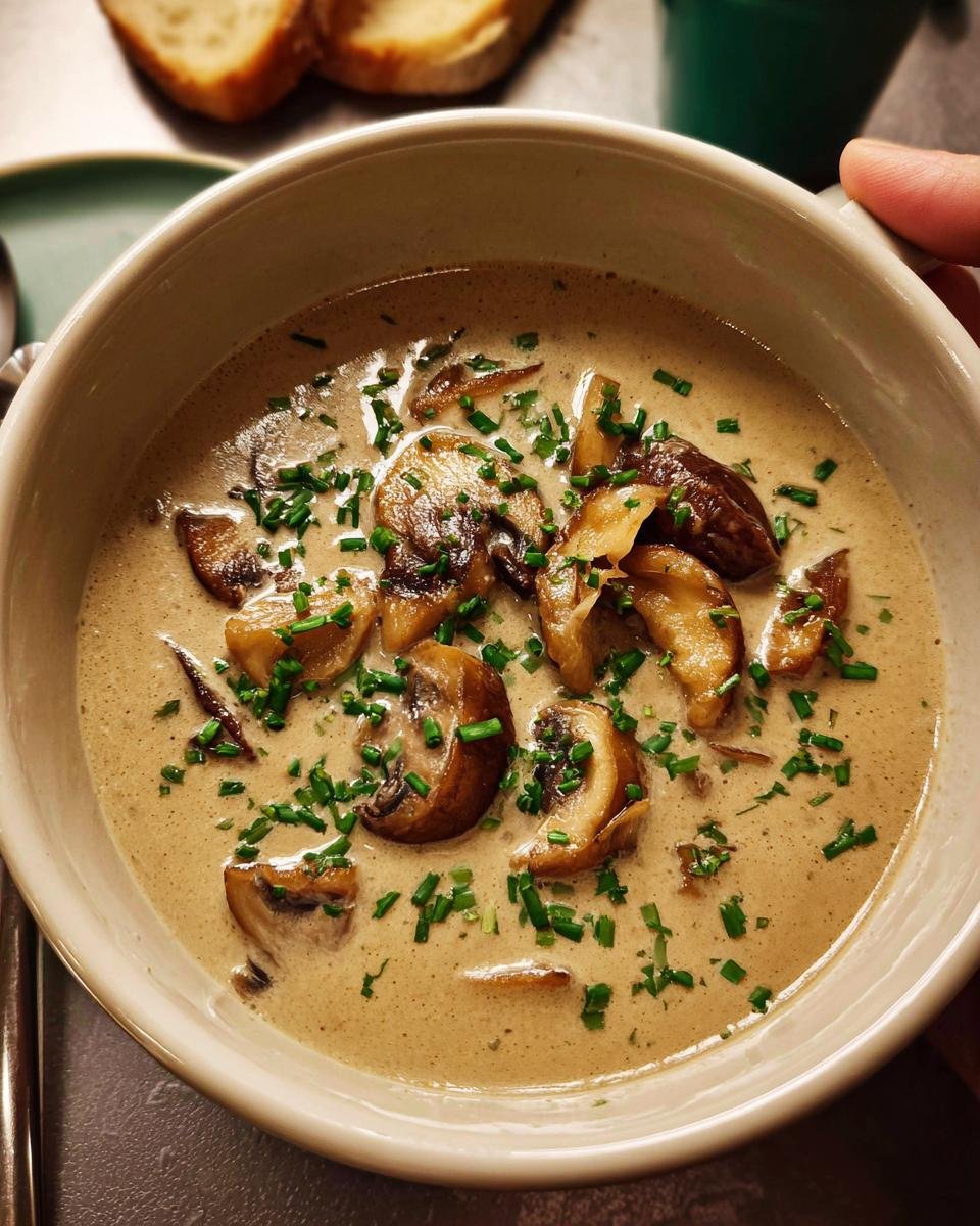 Close-up of a bowl of rich Creamy Mushroom Soup No Canned Soup topped with sautéed mushrooms and fresh chives.