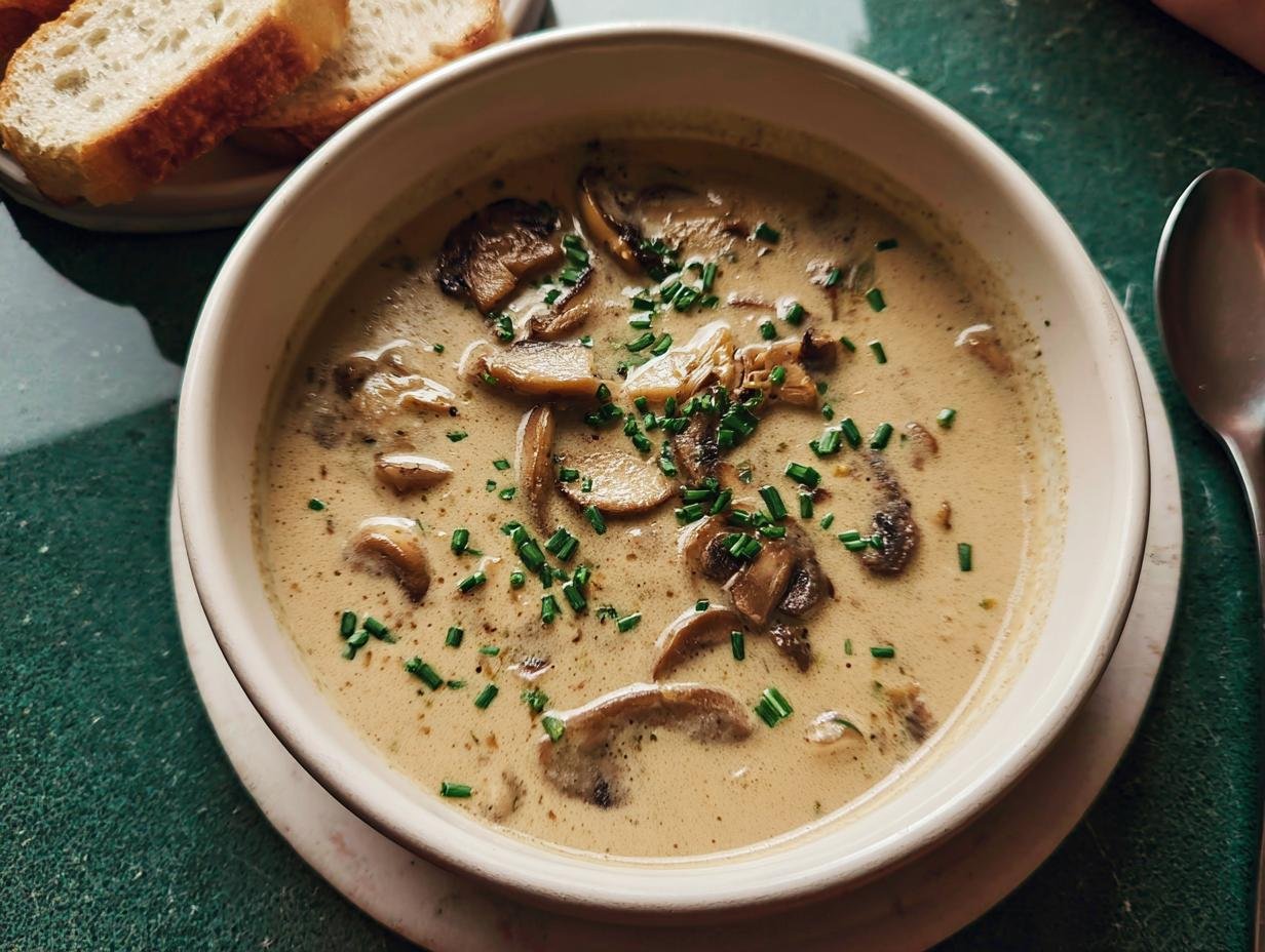 A close-up of a bowl of rich Creamy Mushroom Soup No Canned Soup, topped with sliced mushrooms and fresh chives.
