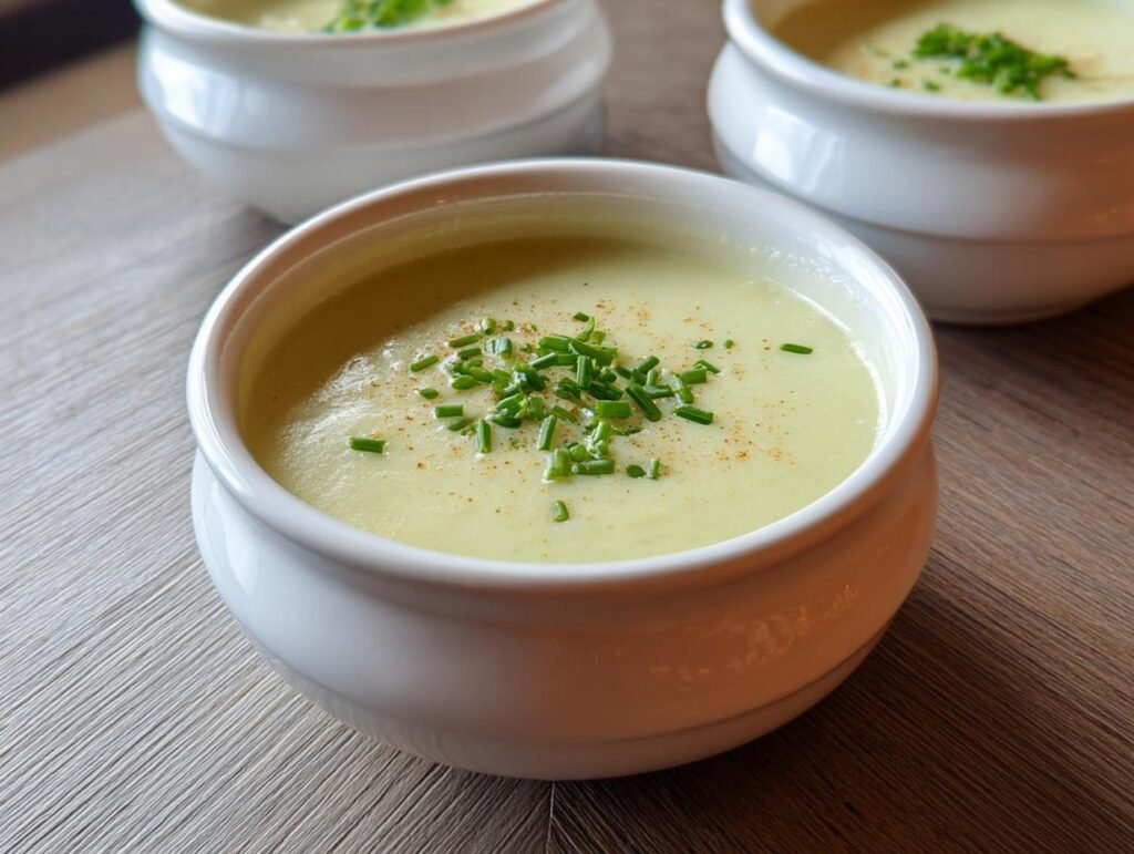 A close-up of a bowl of creamy potato leek soup, garnished with fresh chives and a sprinkle of spice.