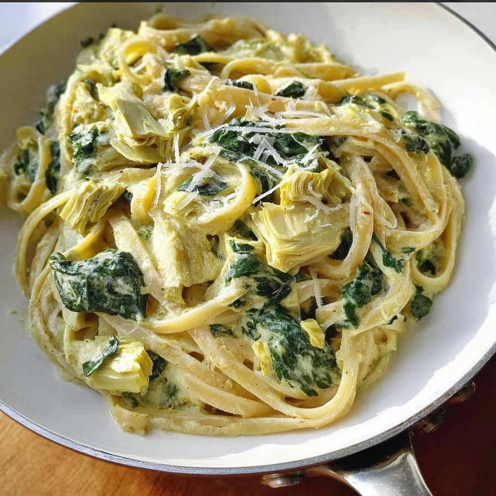 Close-up of Creamy Spinach Artichoke Pasta Comfort Food tossed with fettuccine, spinach, artichoke hearts, and topped with Parmesan.
