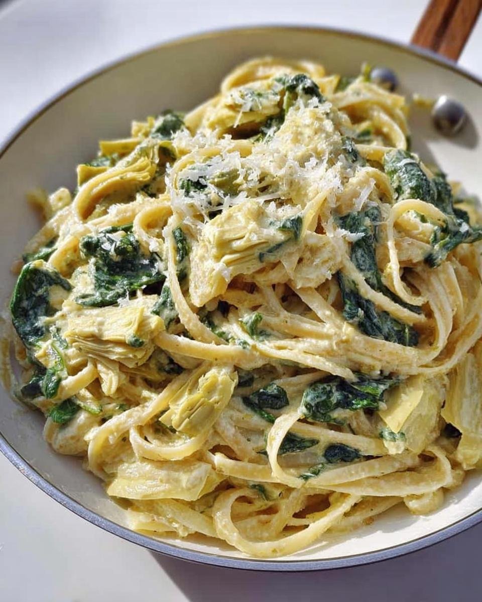 Close-up of creamy spinach artichoke pasta tossed with artichoke hearts and topped with grated Parmesan cheese.