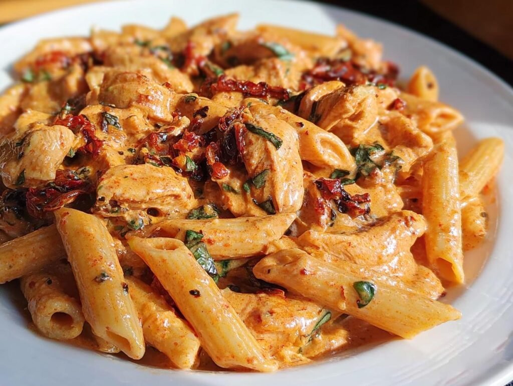 Close-up of creamy sun dried tomato pasta featuring penne, chicken pieces, and fresh basil.
