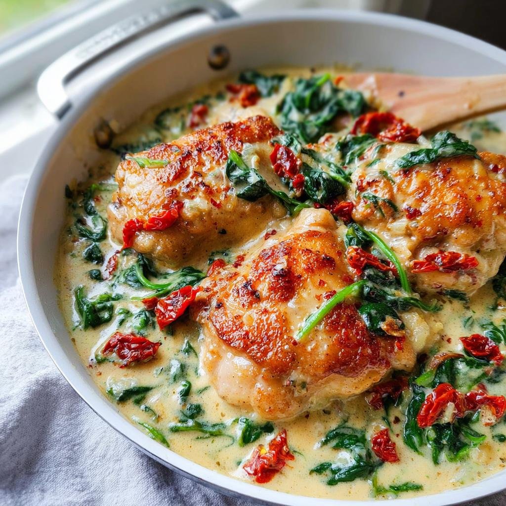 Close-up of seared Creamy Tuscan Chicken Thighs with Spinach and sun-dried tomatoes in a rich cream sauce.