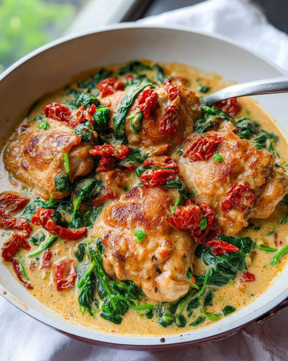 Close-up of seared Creamy Tuscan Chicken Thighs with Spinach and sun-dried tomatoes in a rich cream sauce.