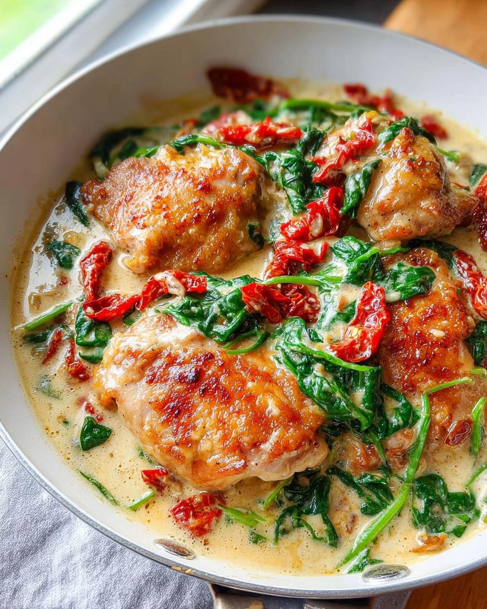 Close-up of seared Creamy Tuscan Chicken Thighs with Spinach and sun-dried tomatoes in a creamy sauce.