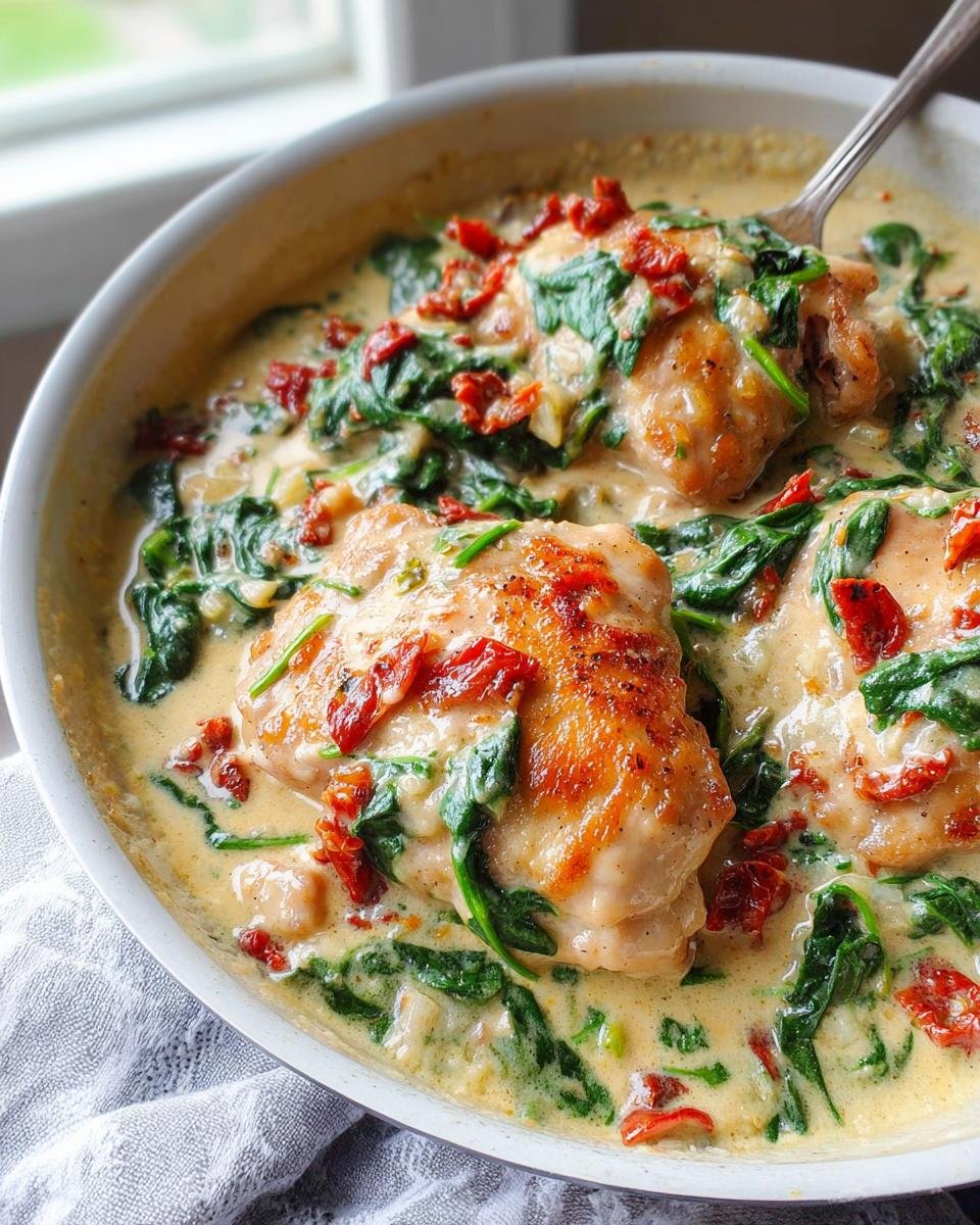 Close-up of pan-seared Creamy Tuscan Chicken Thighs with Spinach and sun-dried tomatoes in a rich cream sauce.