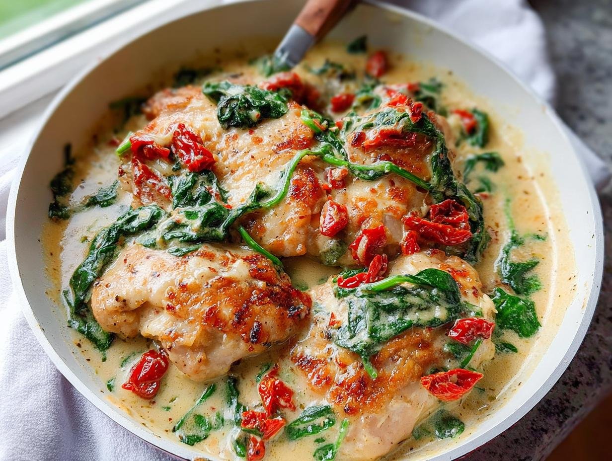 Three seared Creamy Tuscan Chicken Thighs with Spinach and sun-dried tomatoes in a rich cream sauce.