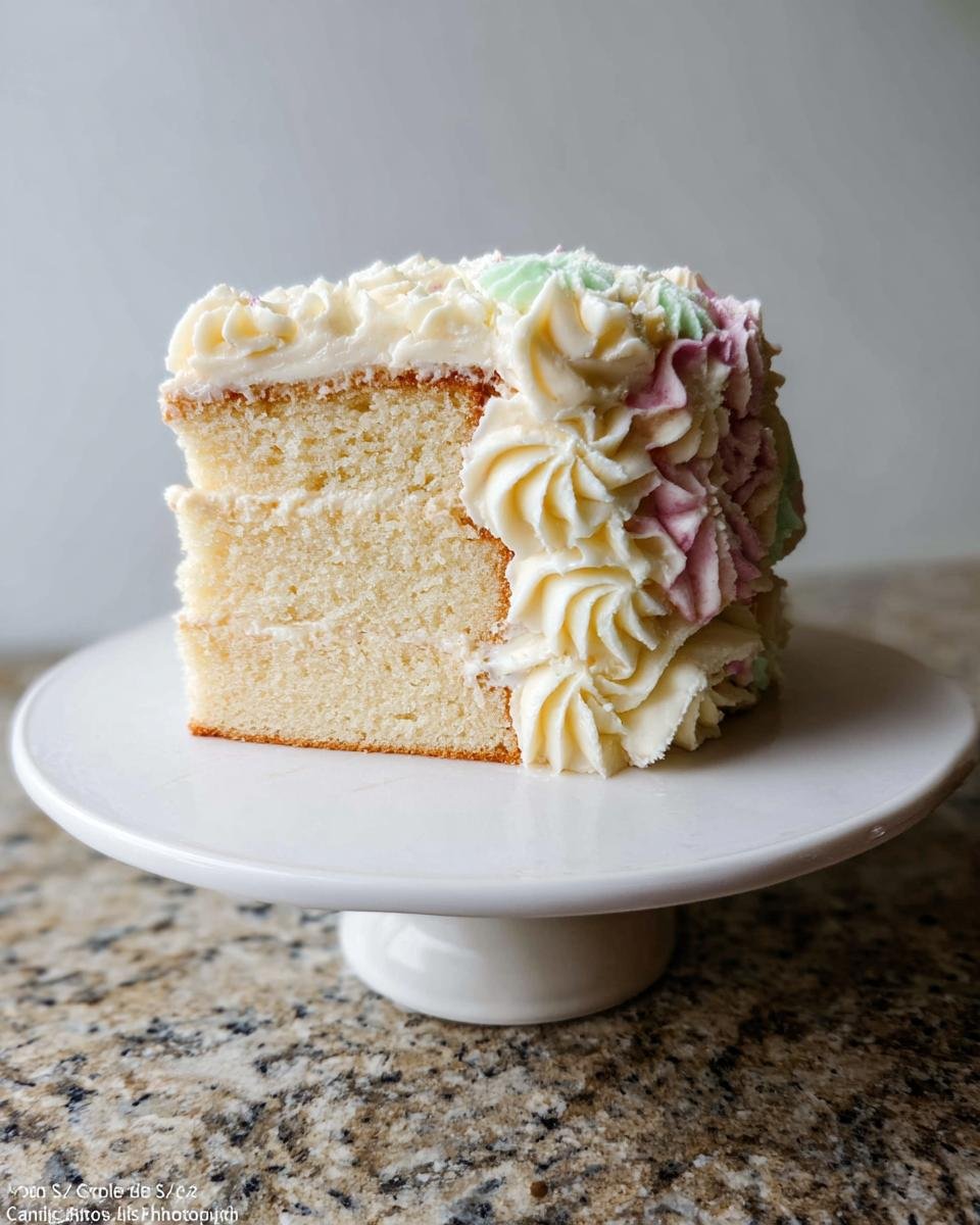 A slice of a creative birthday cake featuring vanilla cake layers and swirled pastel frosting in pink, green, and yellow.