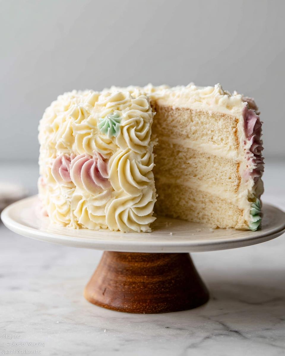 A beautiful creative birthday cake with white frosting swirls and pastel accents, a slice removed.