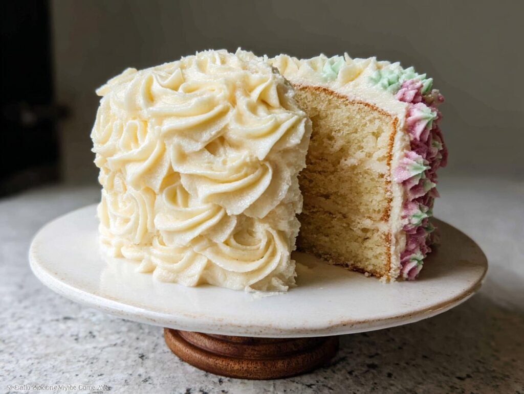 A creative birthday cake with a slice removed, showcasing vanilla cake and frosting designs.