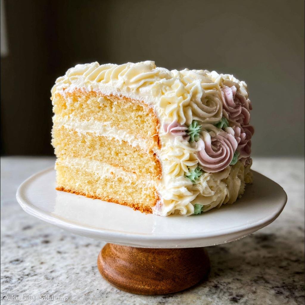 A slice of a creative birthday cake with layers of vanilla cake and cream frosting, decorated with pretty floral piping.