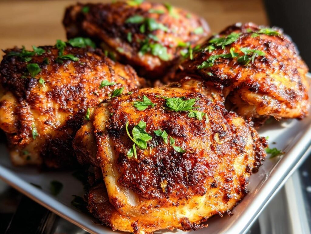 Four perfectly cooked, crispy Air Fryer Chicken Thighs with Simple Marinade, garnished with fresh parsley.