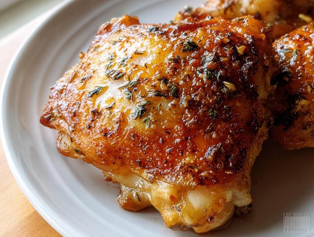 Close-up of a perfectly cooked piece of Crispy Baked Chicken Thighs with golden-brown, seasoned skin.