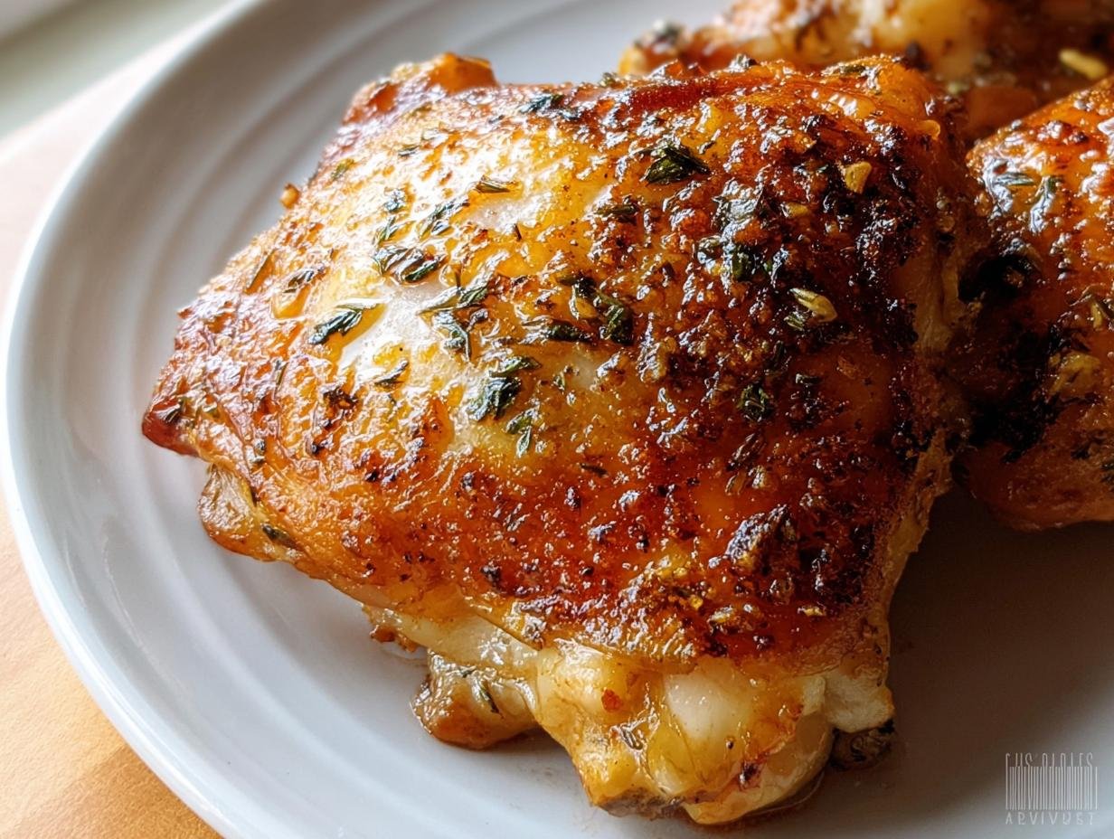 Close-up of a perfectly cooked piece of Crispy Baked Chicken Thighs with golden-brown, seasoned skin.