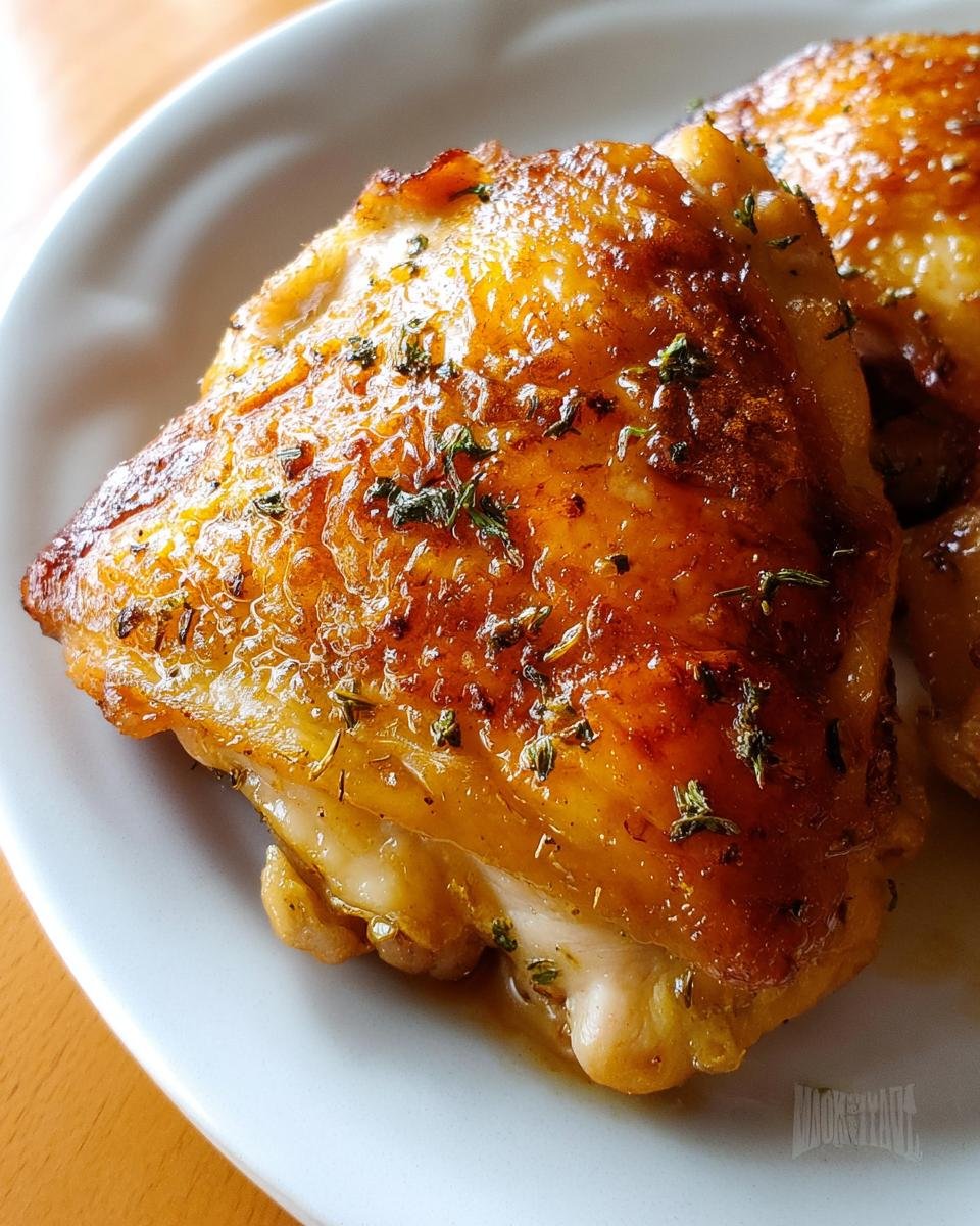 Close-up of perfectly golden and crispy baked chicken thighs no fail, seasoned with herbs.