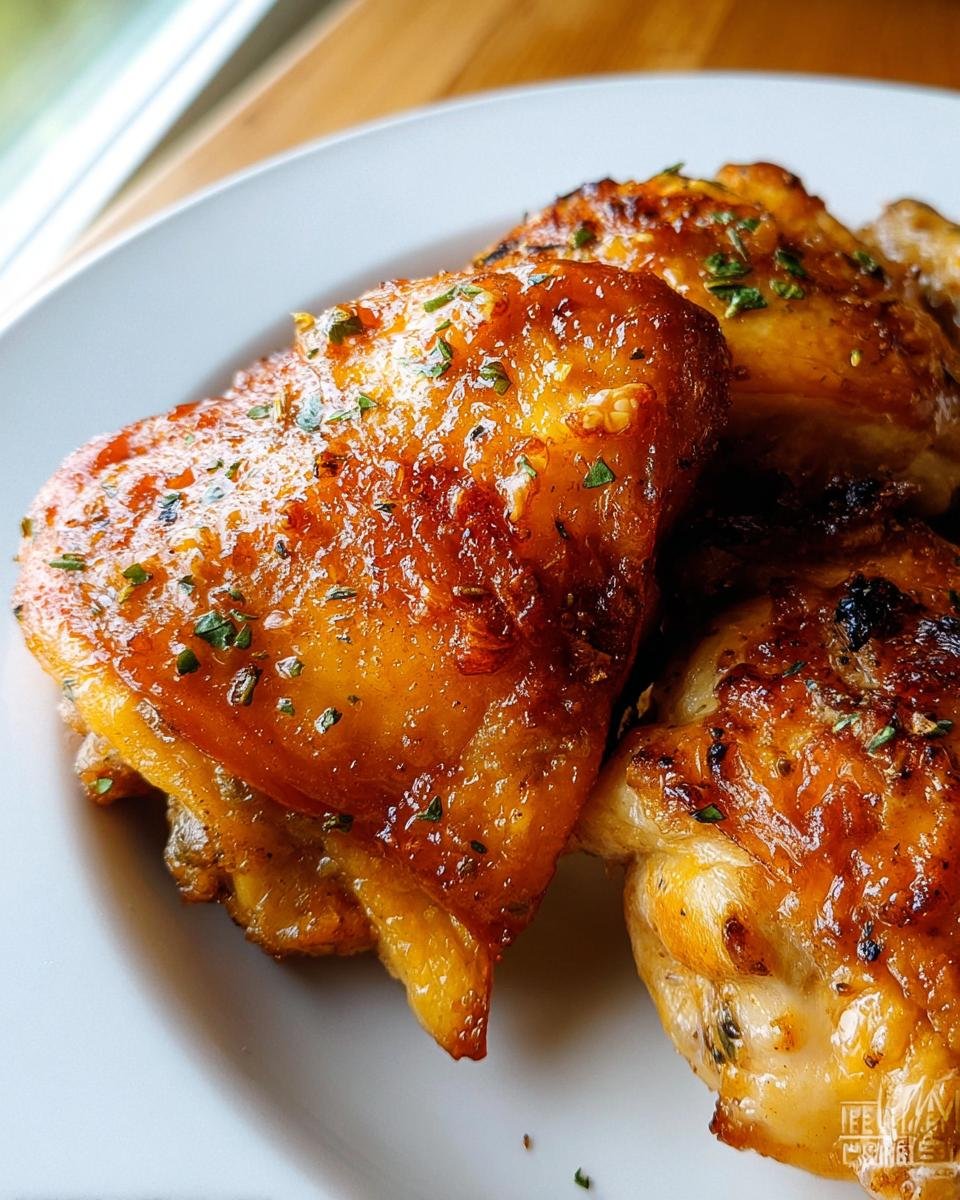 Close-up of three golden brown, glossy Crispy Baked Chicken Thighs No Fail garnished with herbs.