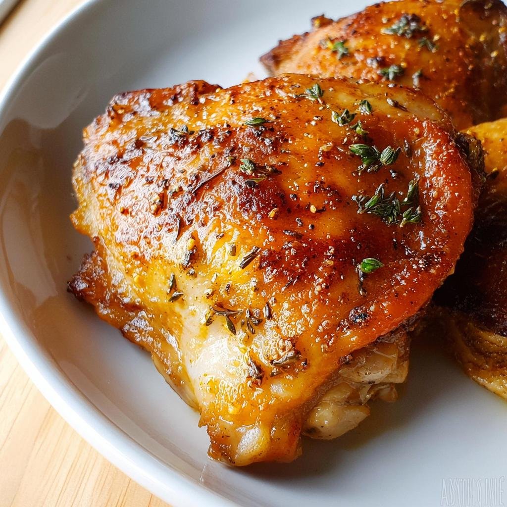 Close-up of a perfectly golden brown and crispy baked chicken thigh, seasoned with herbs.
