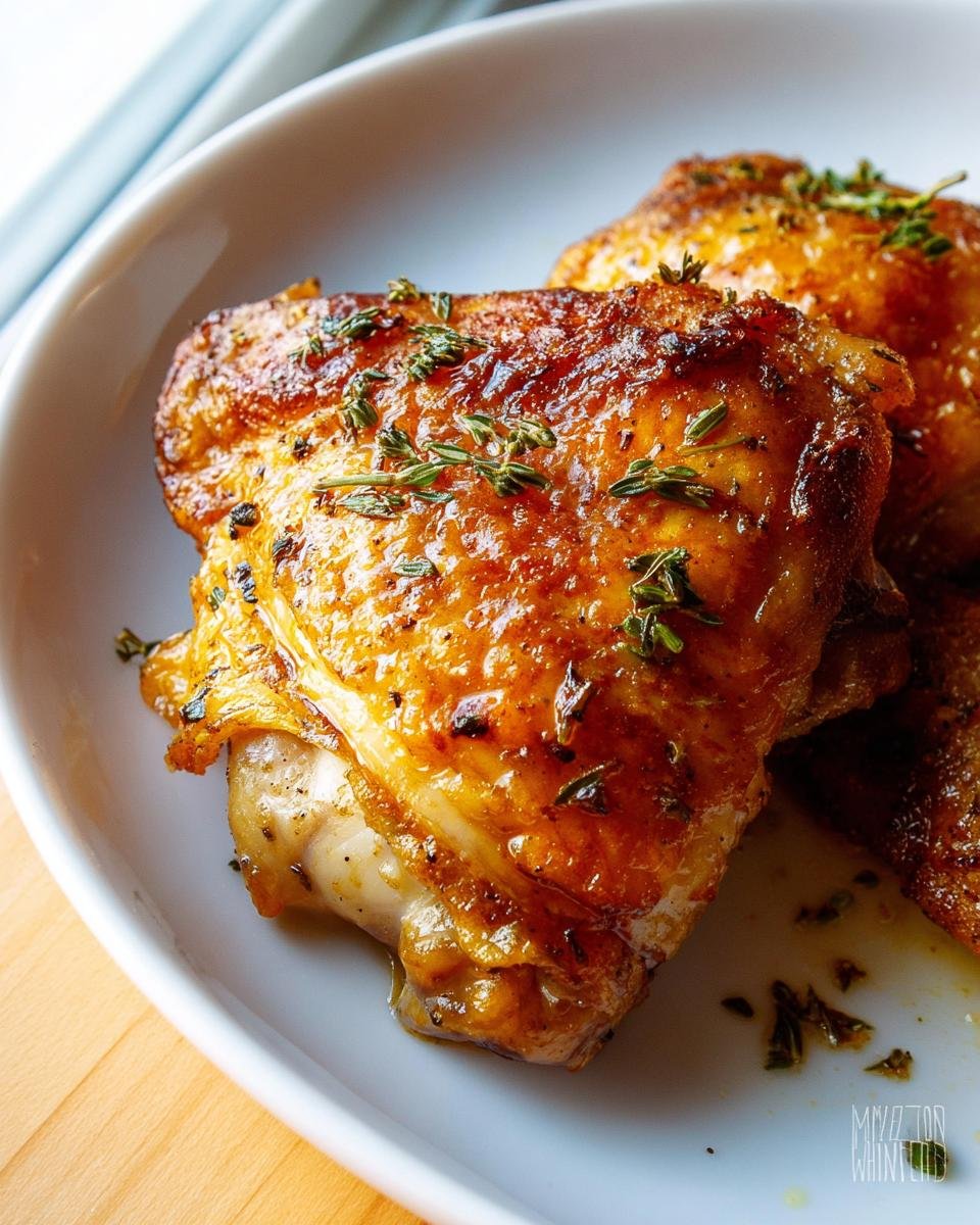 Two perfectly golden brown Crispy Baked Chicken Thighs No Fail garnished with fresh thyme leaves on a white plate.