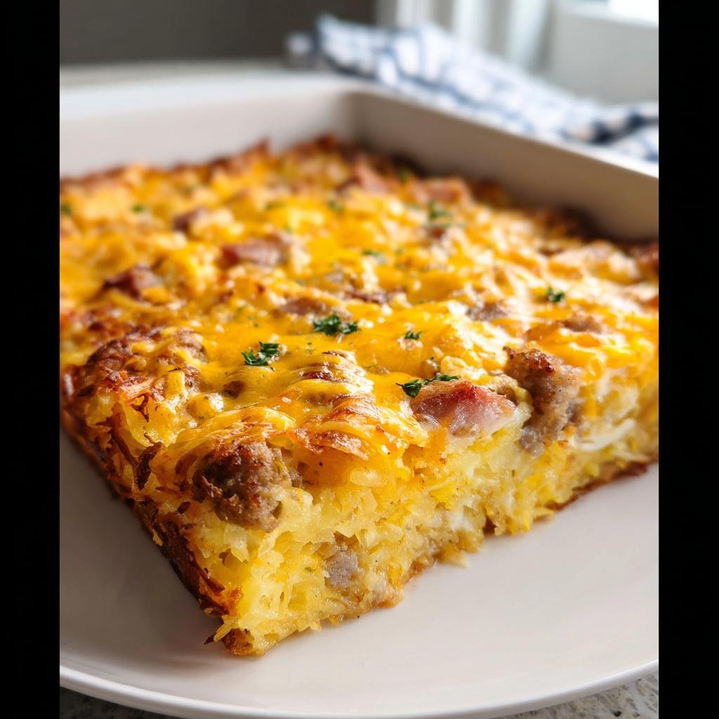A close-up slice of Crispy Hash Brown Egg Bake topped with melted cheddar cheese, sausage, and ham.