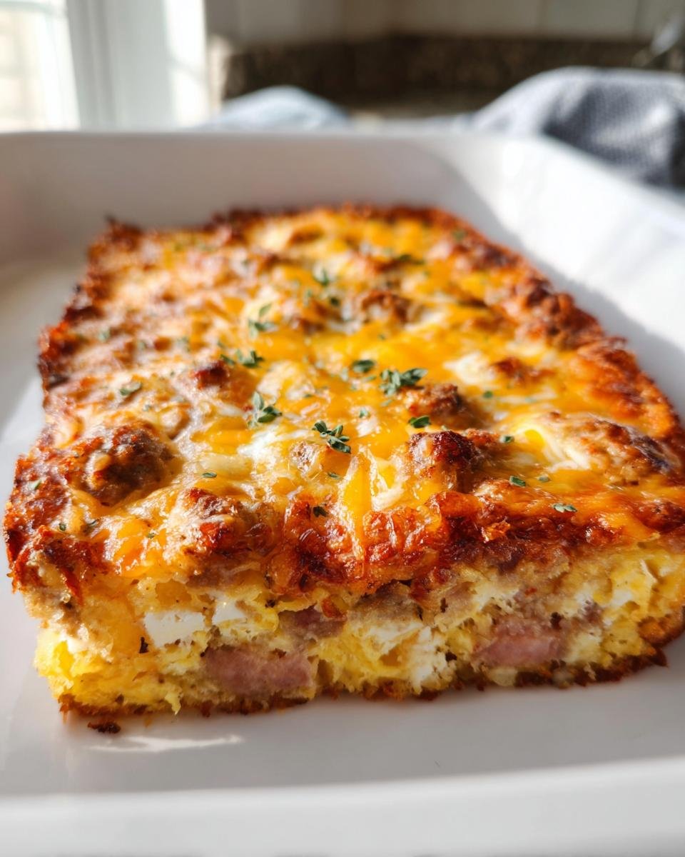 A close-up slice of Crispy Hash Brown Egg Bake showing layers of egg, sausage, and melted, browned cheddar cheese.