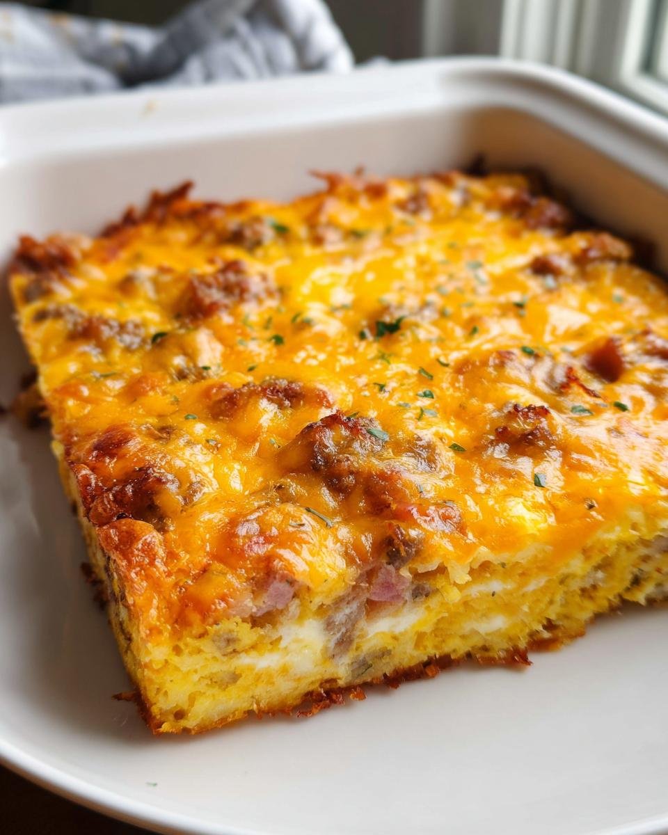 A square serving of Crispy Hash Brown Egg Bake topped with melted cheddar cheese and sausage.