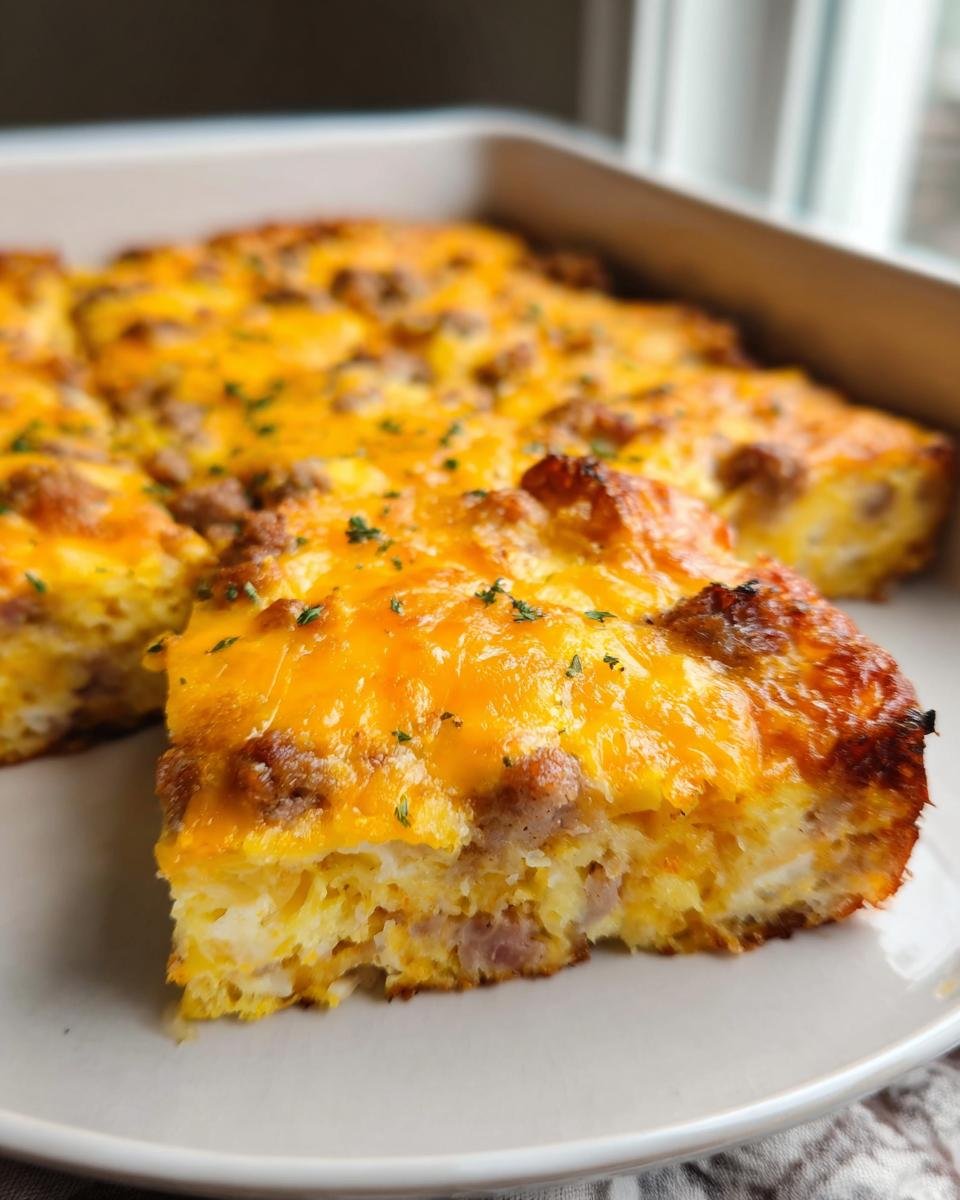A close-up of a slice of Crispy Hash Brown Egg Bake topped with melted cheddar cheese and sausage.