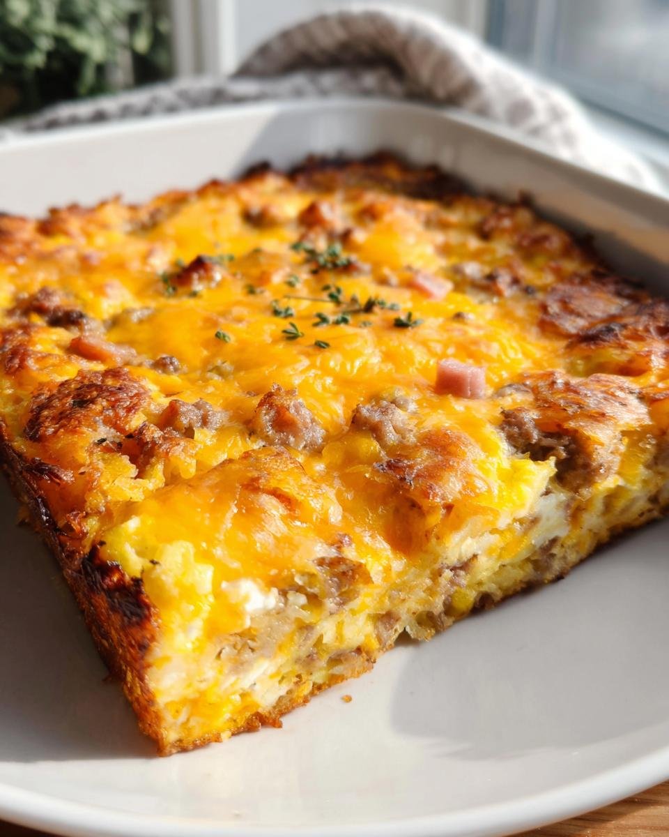 A square slice of Crispy Hash Brown Egg Bake topped with melted cheddar cheese, sausage, and ham.