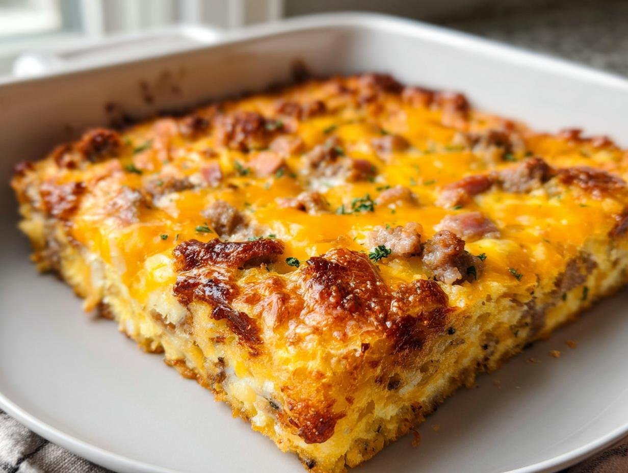 A square slice of Crispy Hash Brown Egg Bake topped with melted cheddar cheese and sausage crumbles.