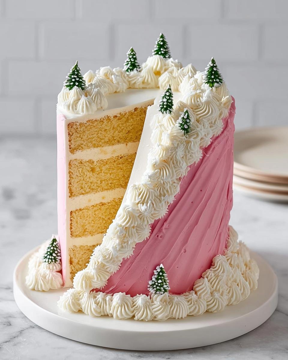 A cute small birthday cake design featuring pink frosting, white piped frosting, and miniature green trees.